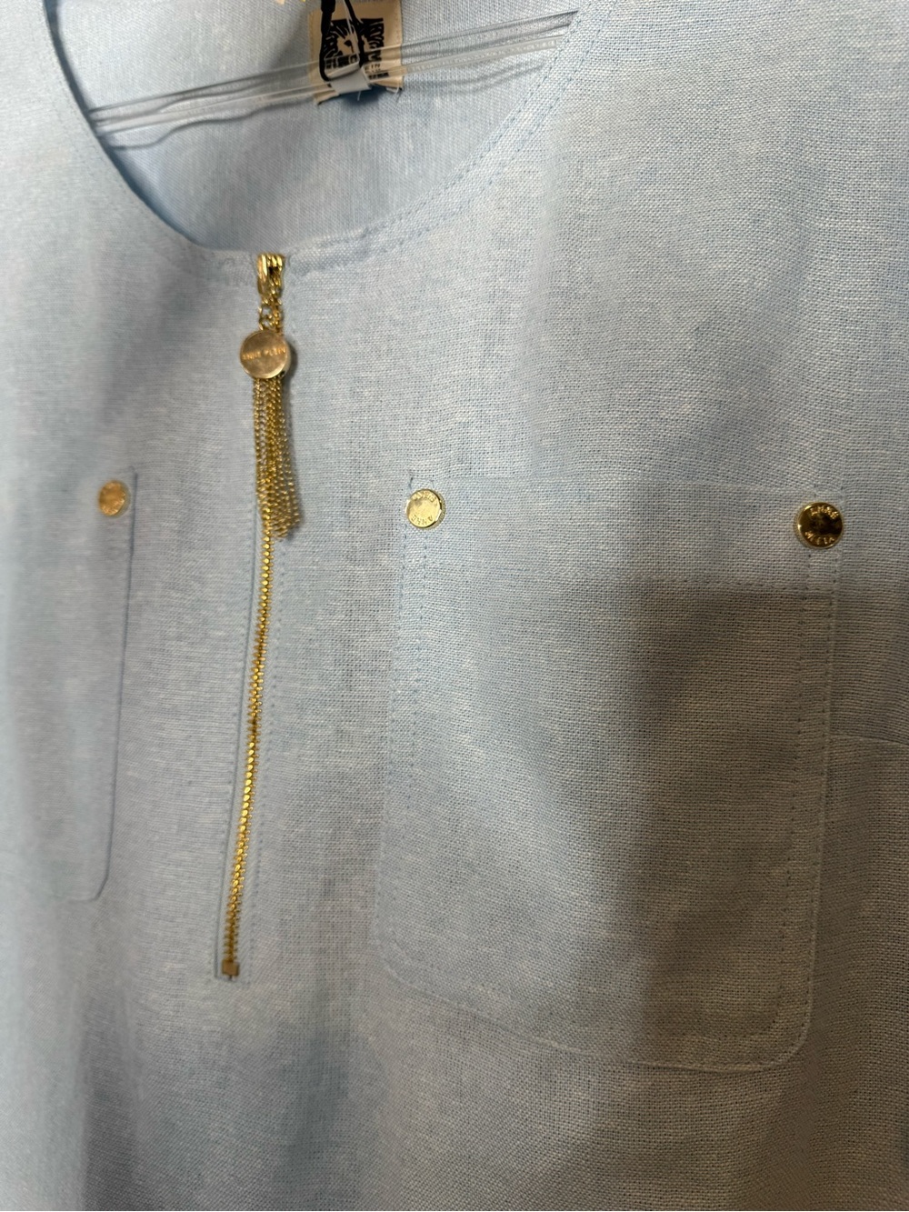 Anne Klein Light Blue V-Neck Roll-Sleeve Tunic Blouse linen blend size MD gold - Picture 2 of 7